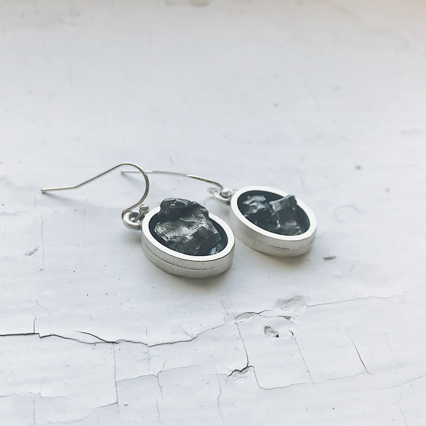 Oval Dangle Earrings with Raw Meteorite