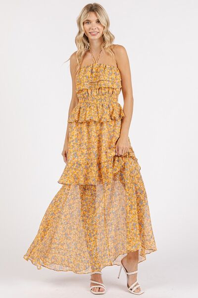 Ruffled Floral Halter Neck Maxi Dress