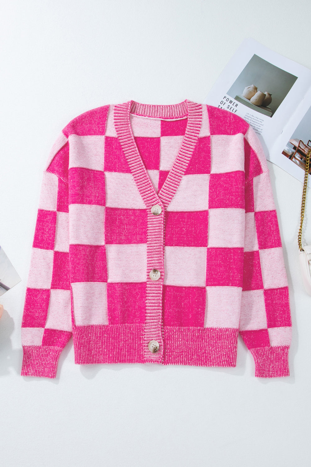 Checkered Buttoned V-Neck Cardigan