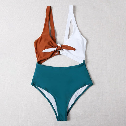 Color Block Knotted One-Piece Swimsuit