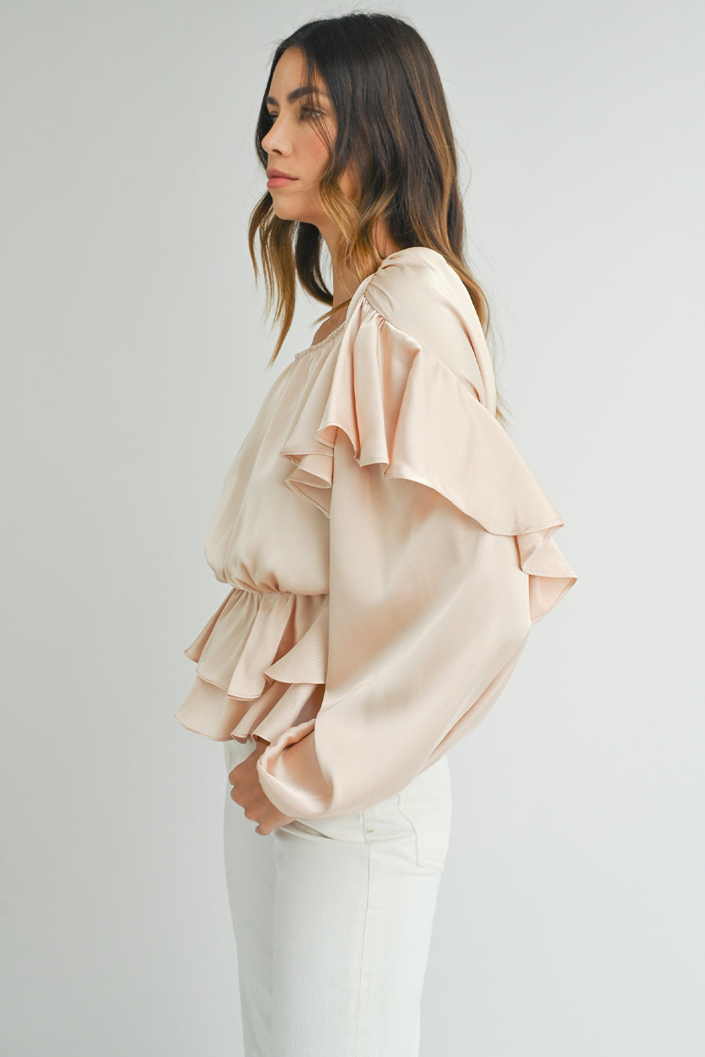 Satin Ruffled Peplum Blouse