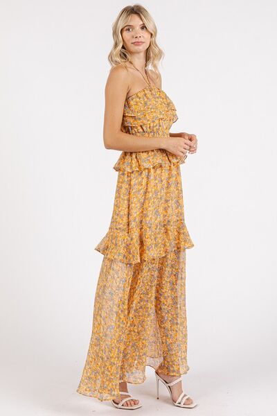 Ruffled Floral Halter Neck Maxi Dress