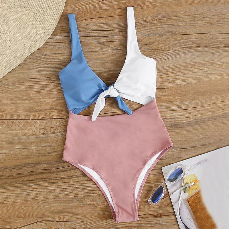 Color Block Knotted One-Piece Swimsuit