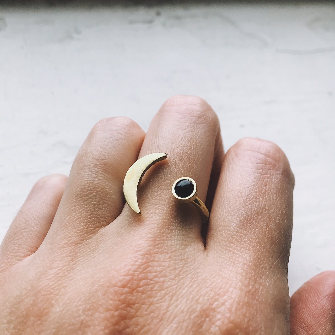 Crescent Moon Ring with Black Onyx