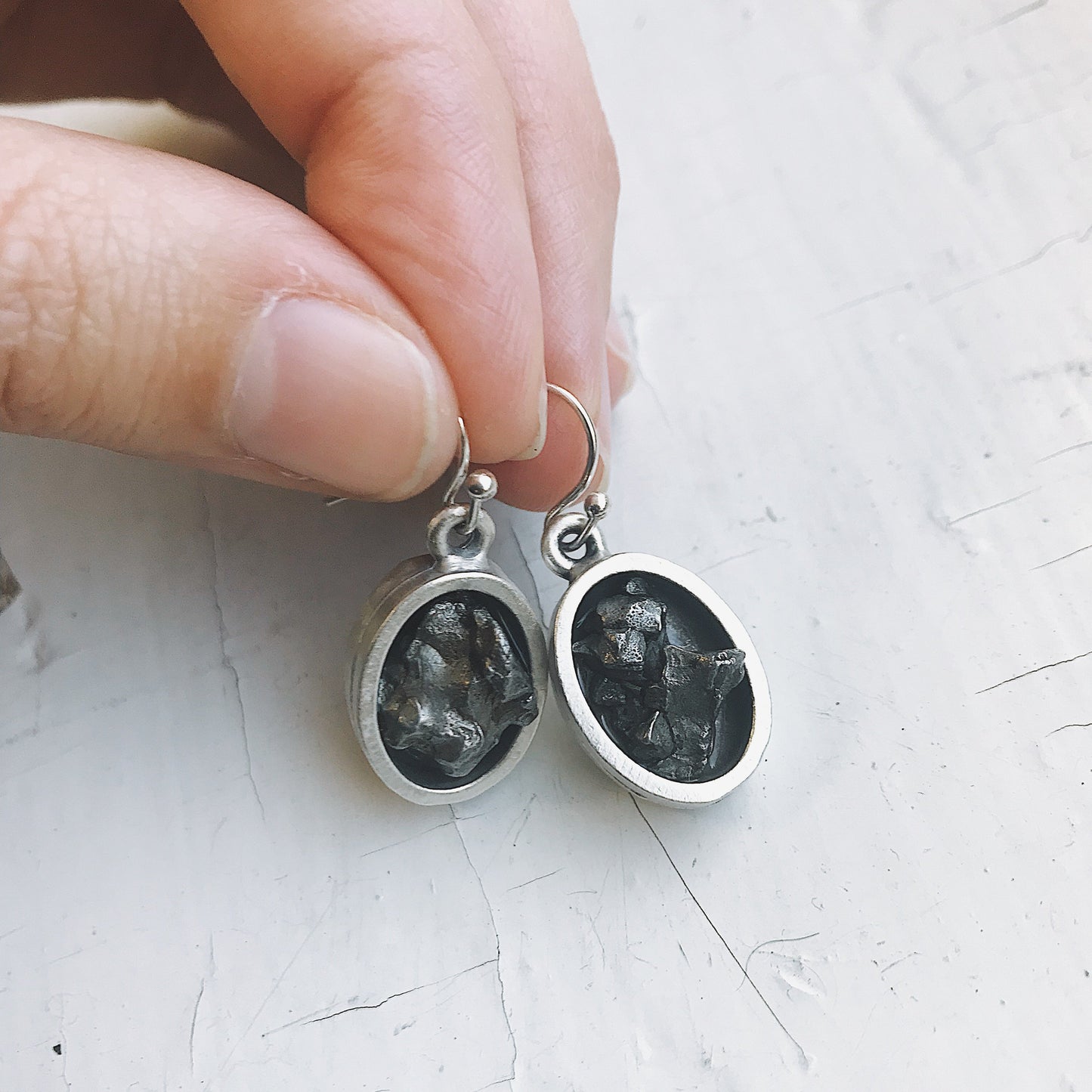 Oval Dangle Earrings with Raw Meteorite