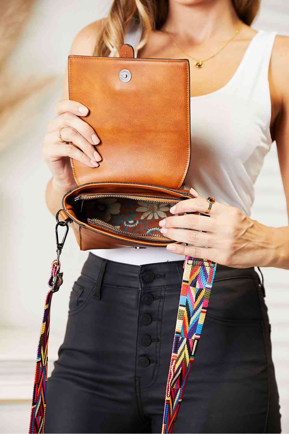 Faux Leather Wide Strap Crossbody Bag