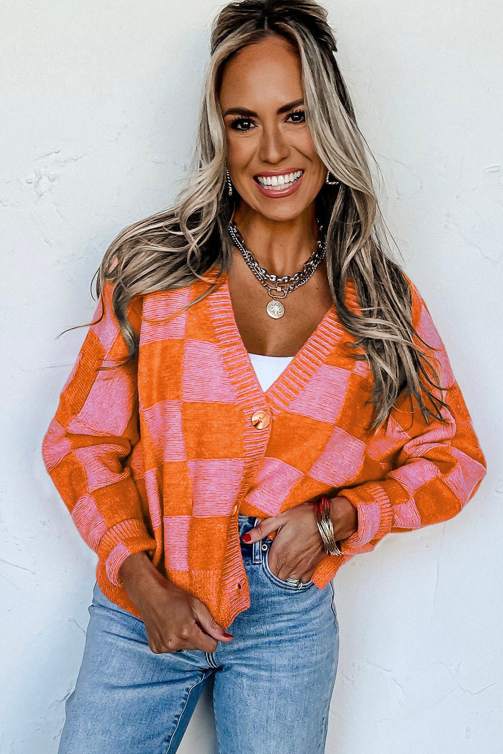 Checkered Buttoned V-Neck Cardigan