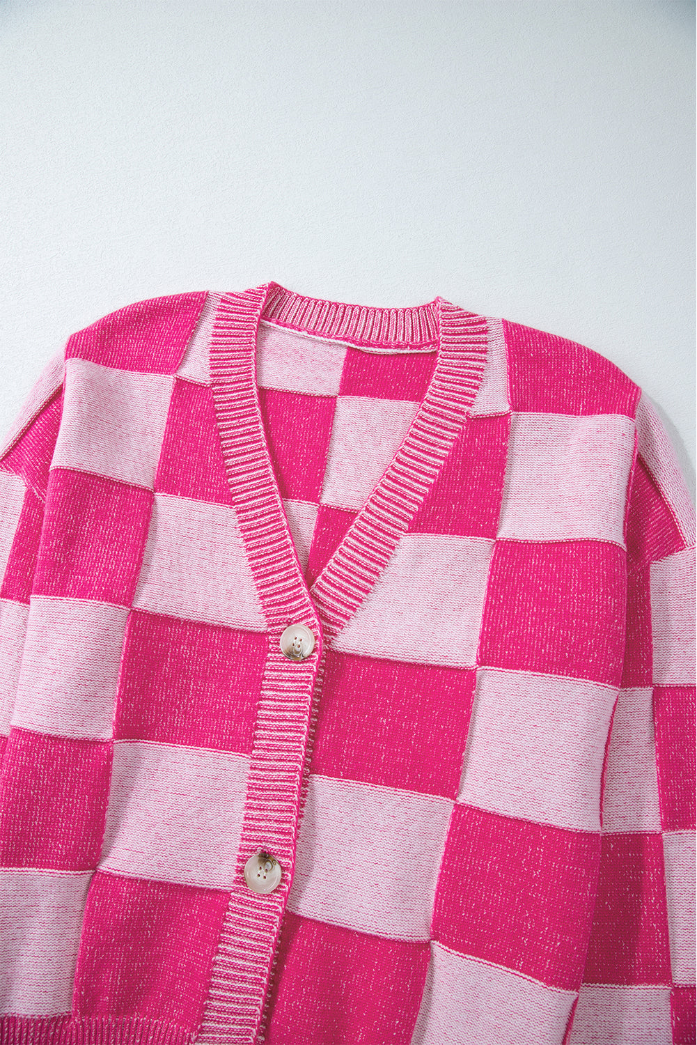 Checkered Buttoned V-Neck Cardigan