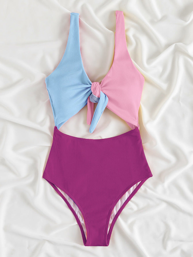 Color Block Knotted One-Piece Swimsuit