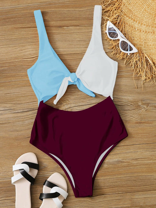 Color Block Knotted One-Piece Swimsuit