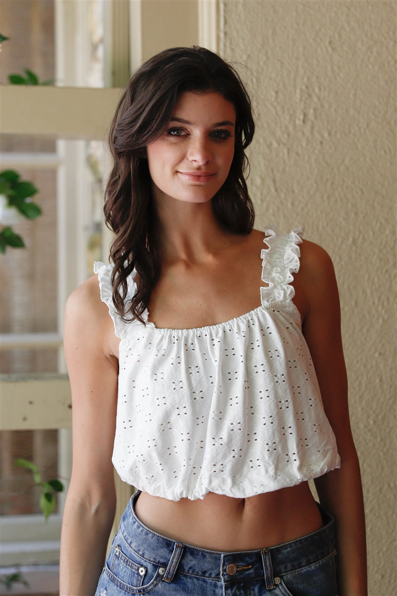 Embroidered Ruffle Trim Sleeveless Crop Top