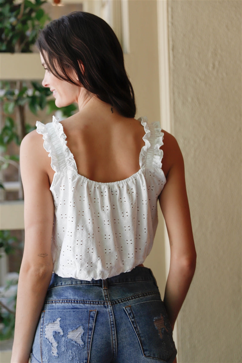 Embroidered Ruffle Trim Sleeveless Crop Top