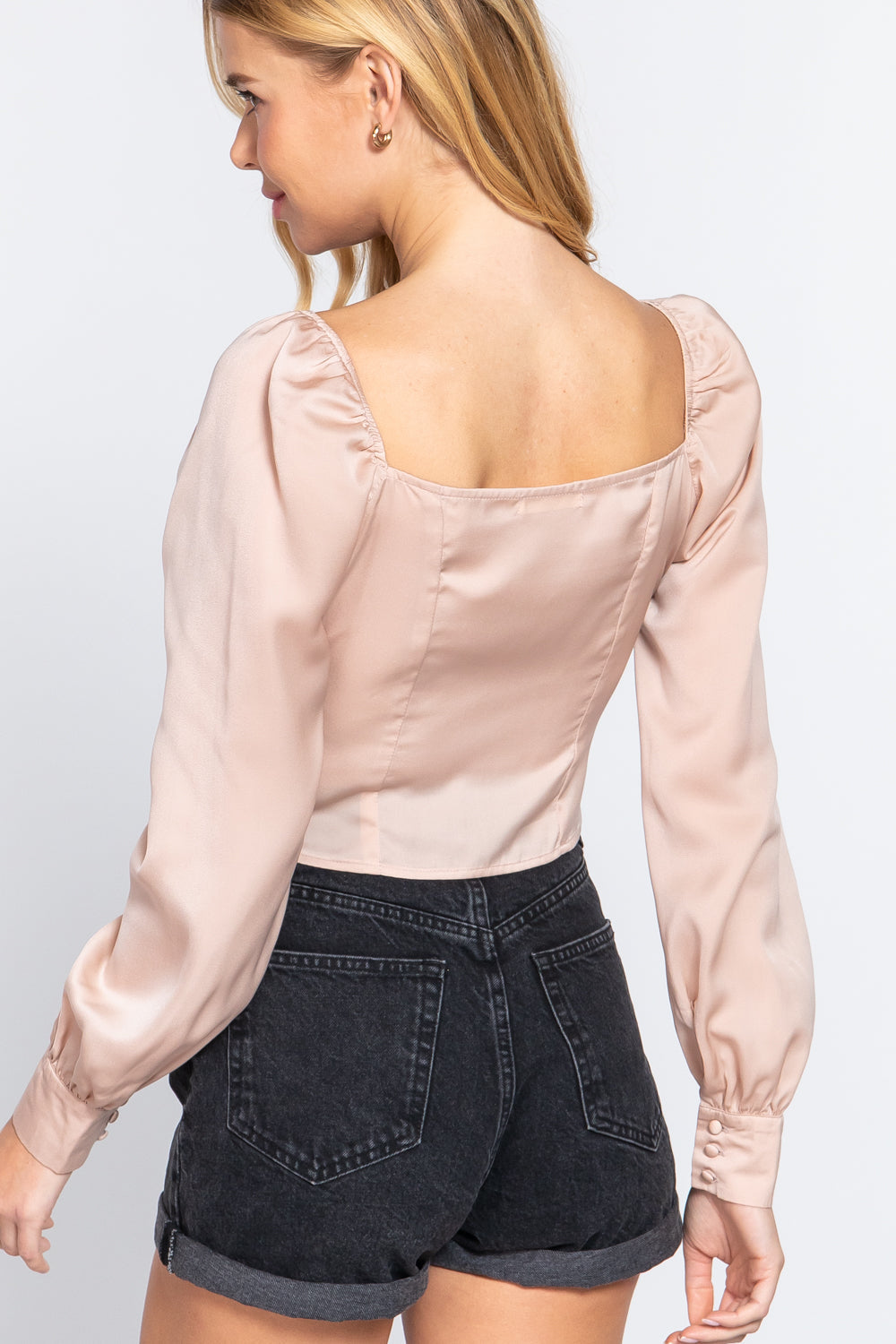 Long Sleeved Satin Tie Front Cropped Blouse