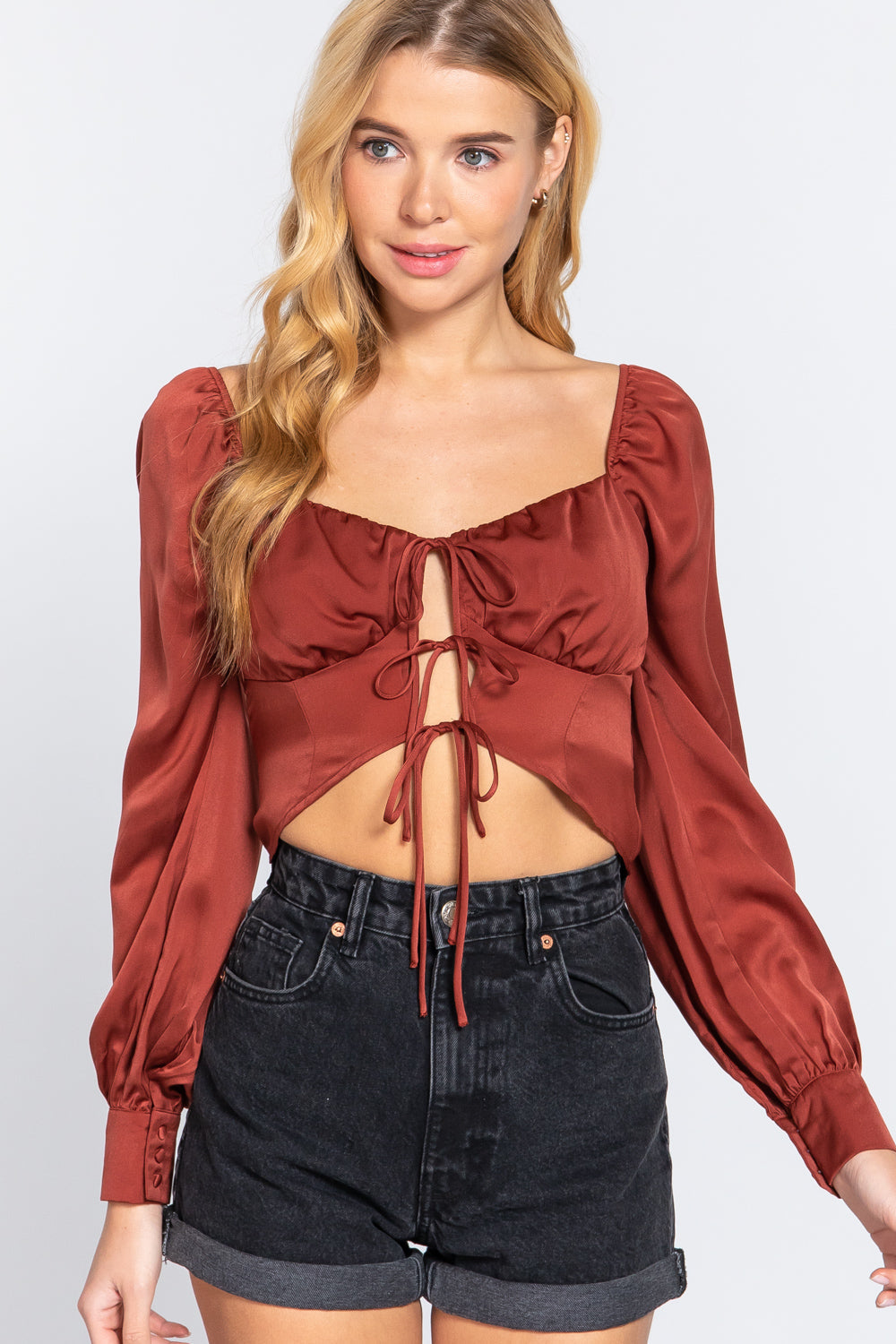 Long Sleeve Sweetheart Neck Front Tie Blouse