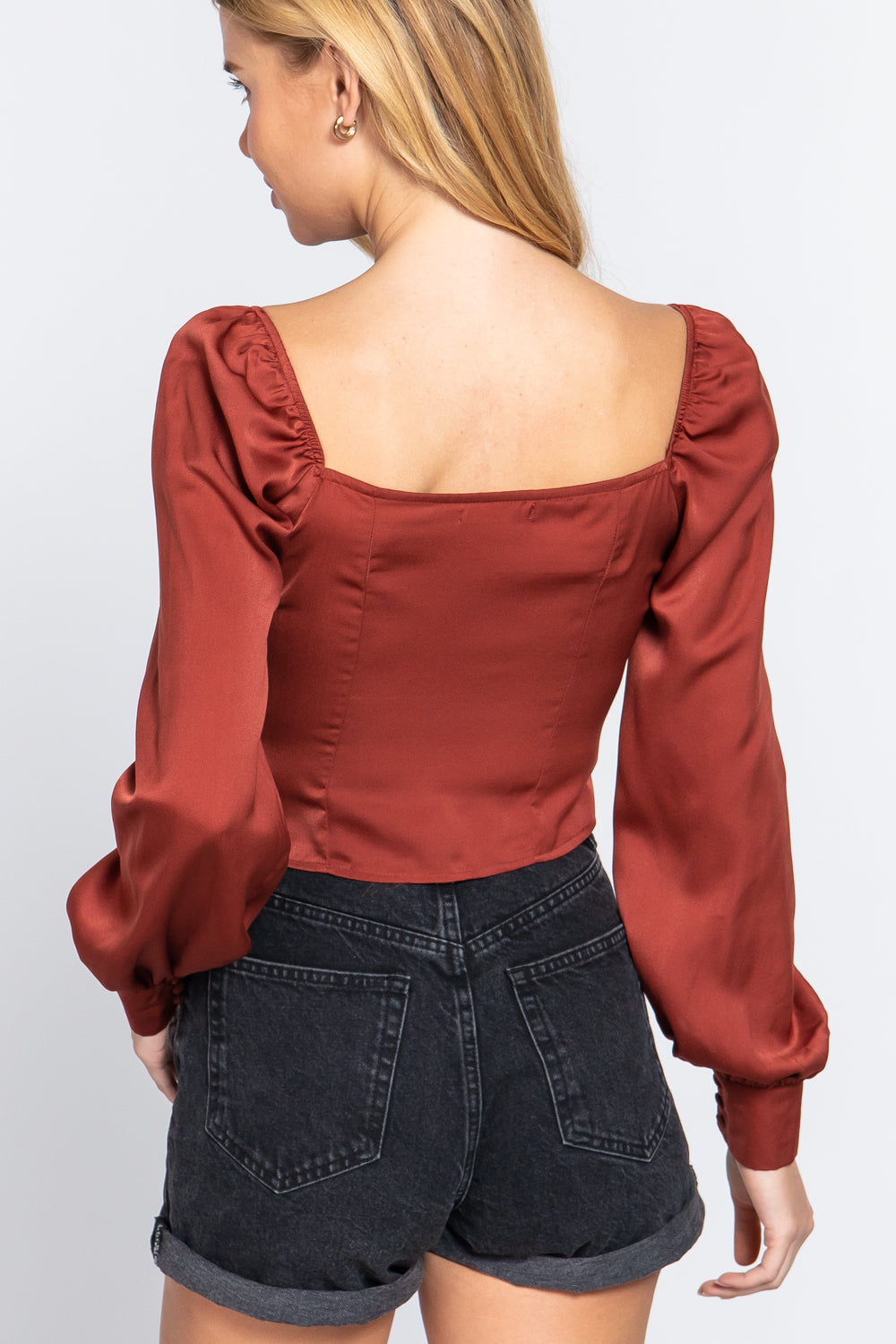 Long Sleeve Sweetheart Neck Front Tie Blouse