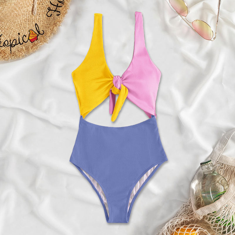 Color Block Knotted One-Piece Swimsuit