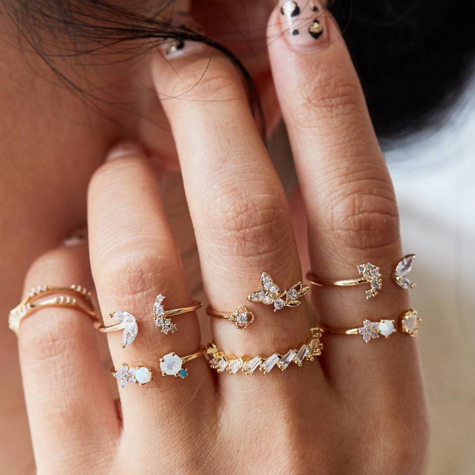 Opal & Butterfly Crystals 6 Piece Ring Sets