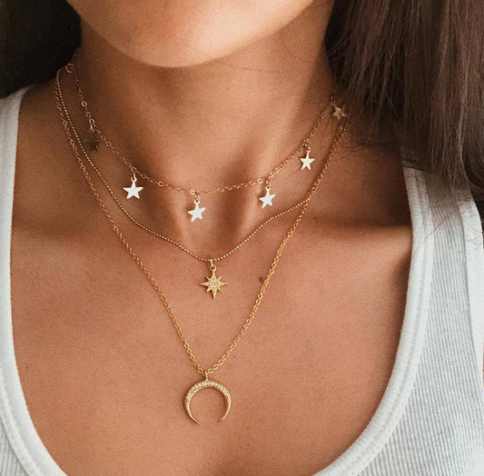 3 Piece Celestial Drop Necklace With Crystals 18K Gold