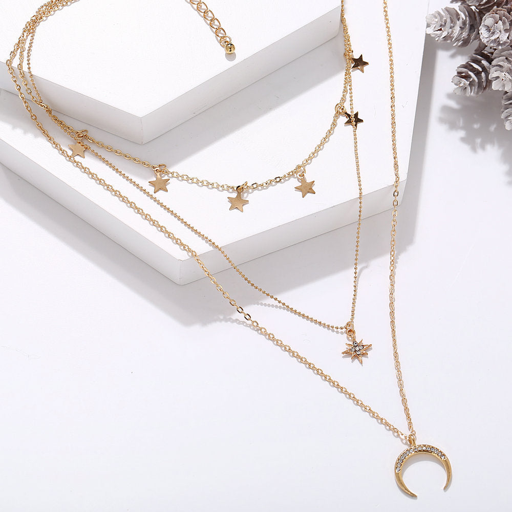 3 Piece Celestial Drop Necklace With Crystals 18K Gold