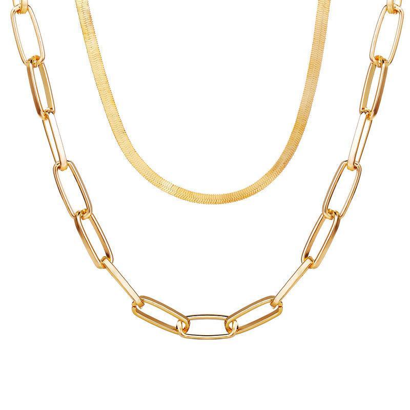 Omega and Paperclip Layer 18K Gold Plated Necklace Set