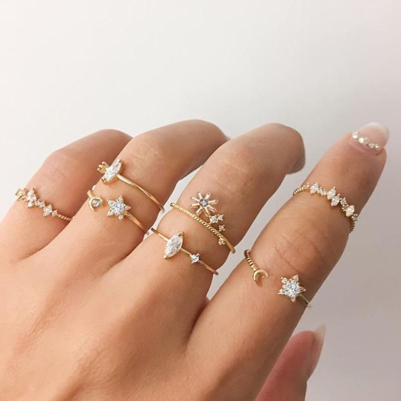 5 Piece Stars Set With Crystals 18K Gold Plated Rings