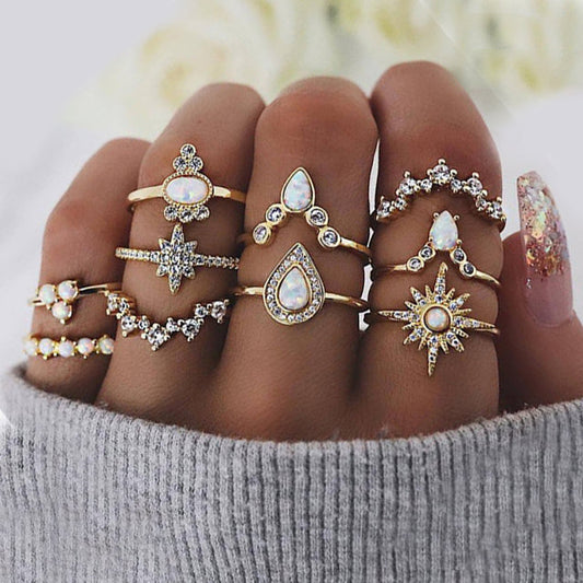 10 Piece Opal Set With ® Crystals 18K Gold Plated Rings