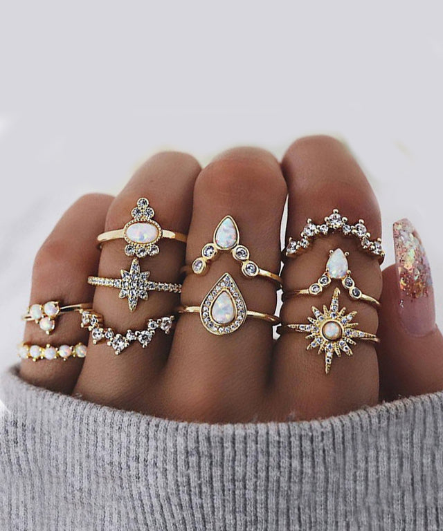 10 Piece Opal Set With ® Crystals 18K Gold Plated Rings