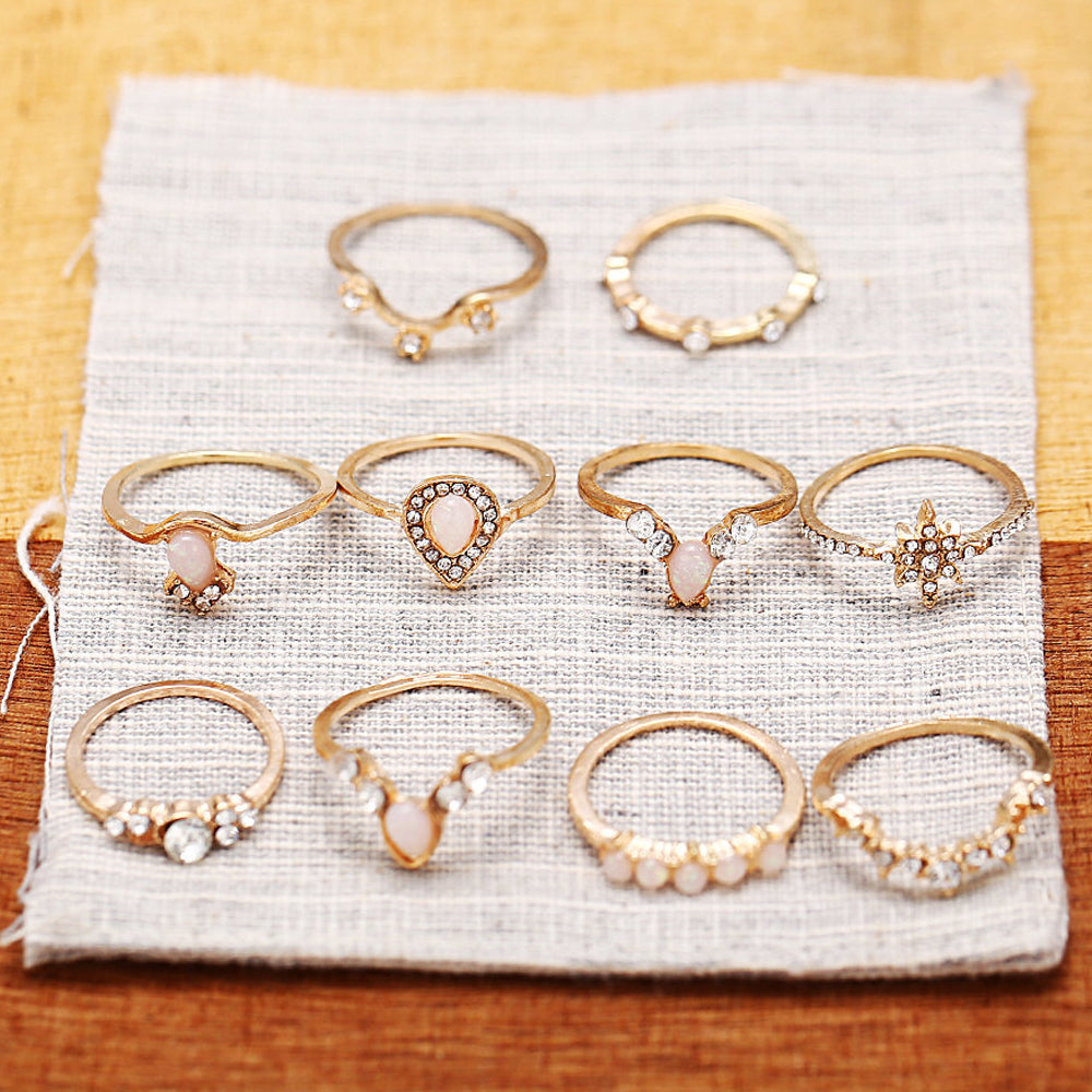 10 Piece Opal Set With ® Crystals 18K Gold Plated Rings