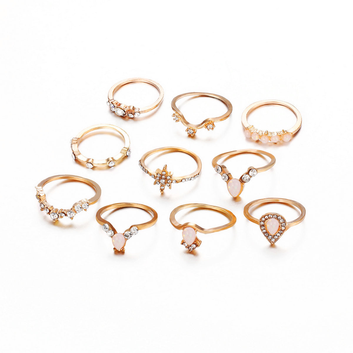 10 Piece Opal Set With ® Crystals 18K Gold Plated Rings