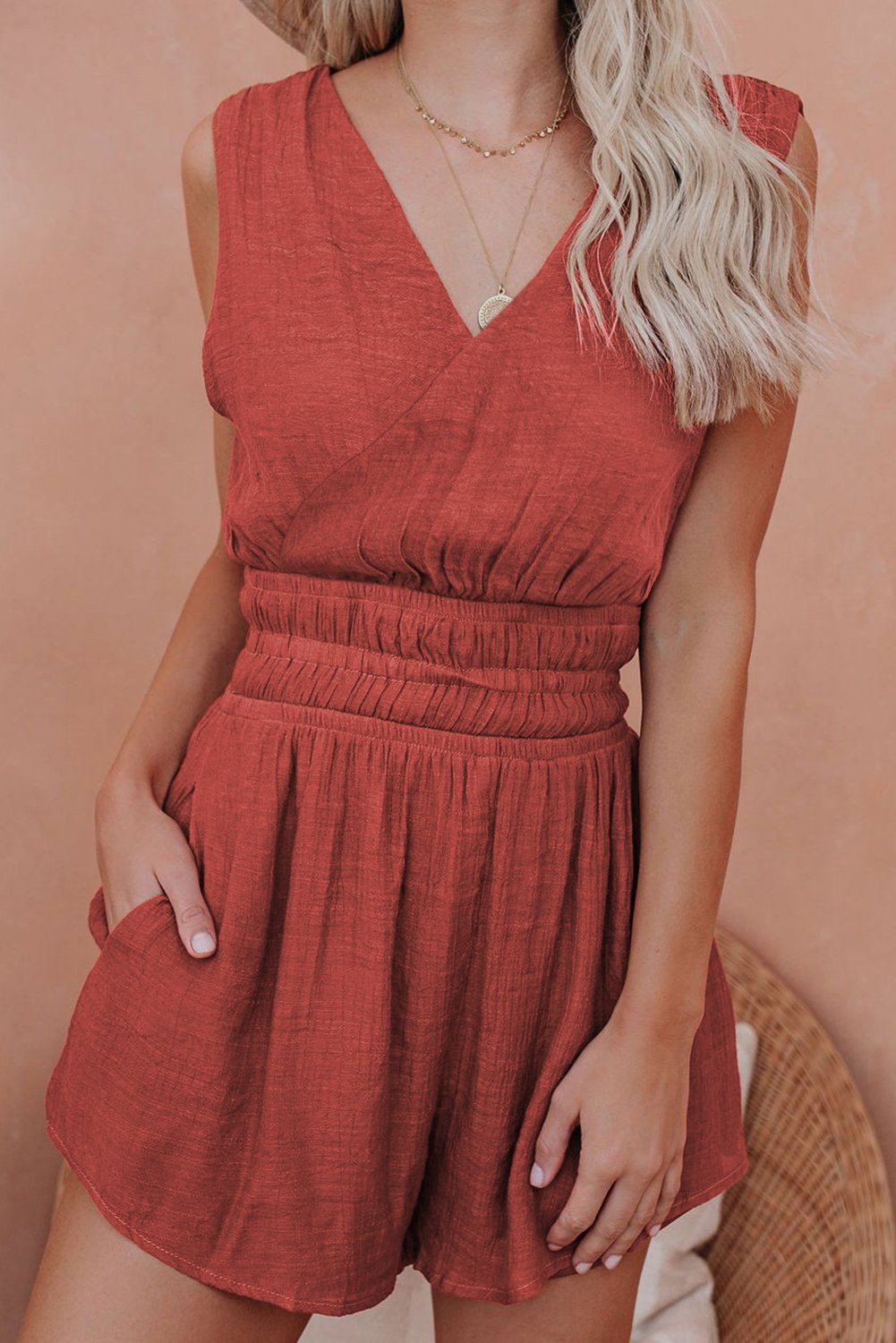 Red Smocked Sleeveless V-Neck Romper