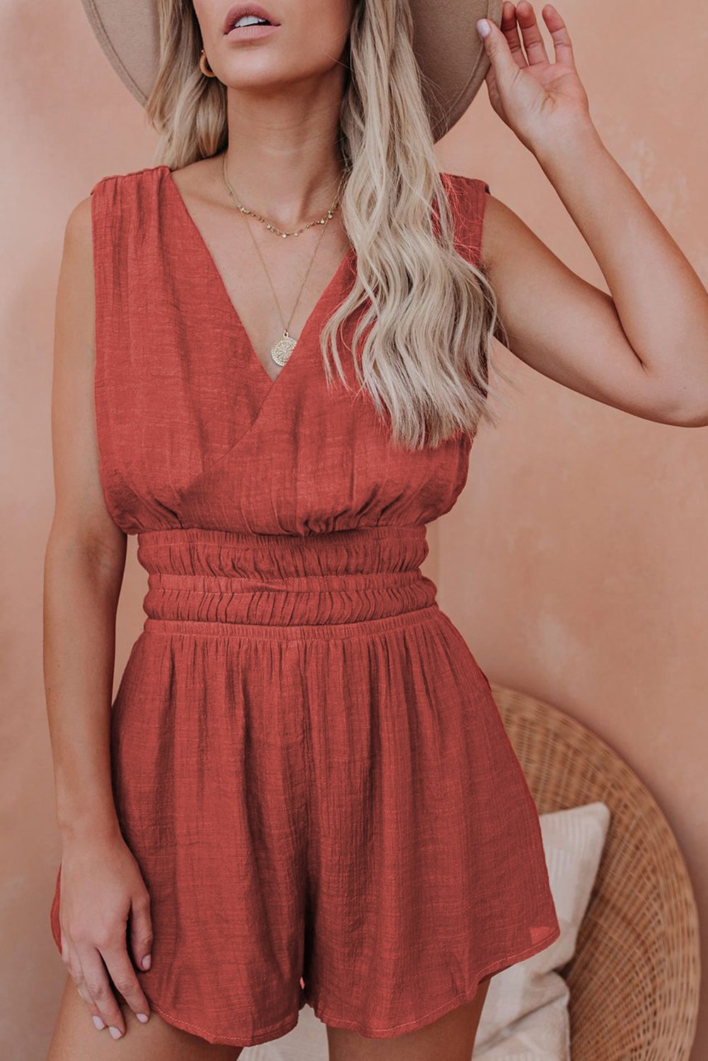 Red Smocked Sleeveless V-Neck Romper