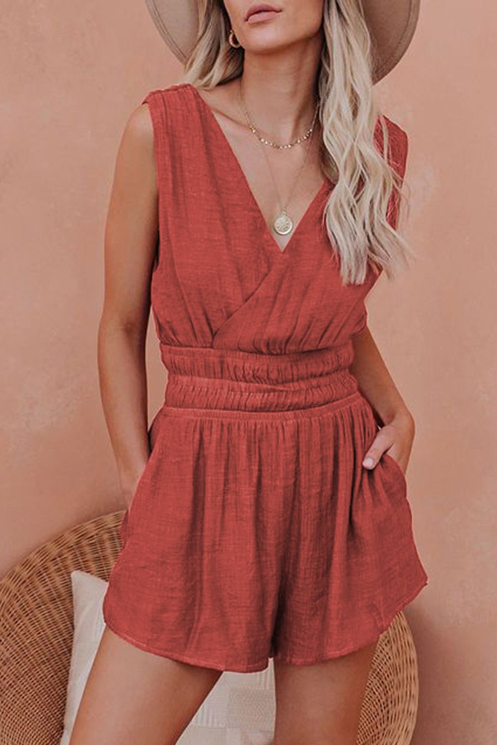 Red Smocked Sleeveless V-Neck Romper