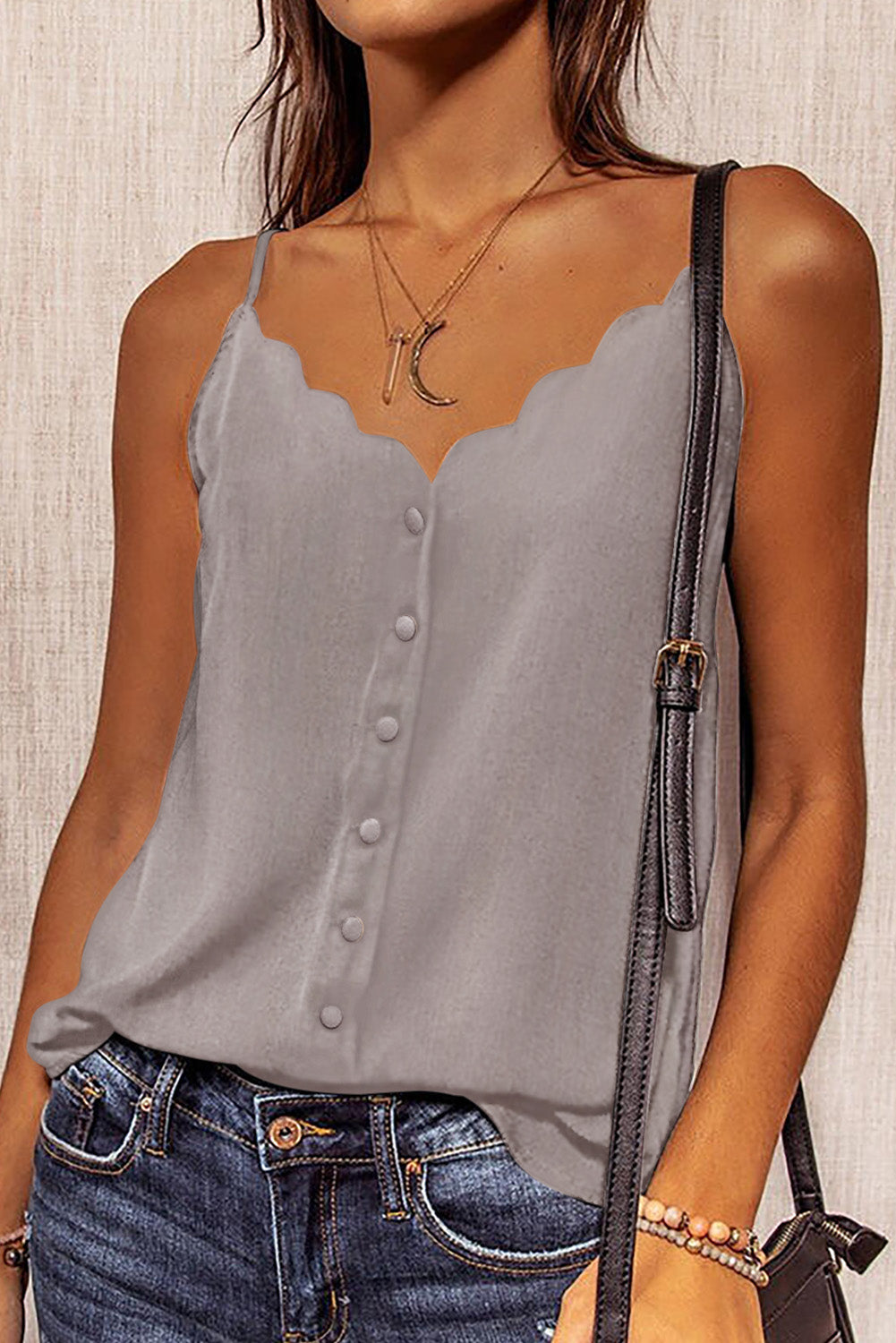 Spaghetti Straps Buttoned V Neck Blouse