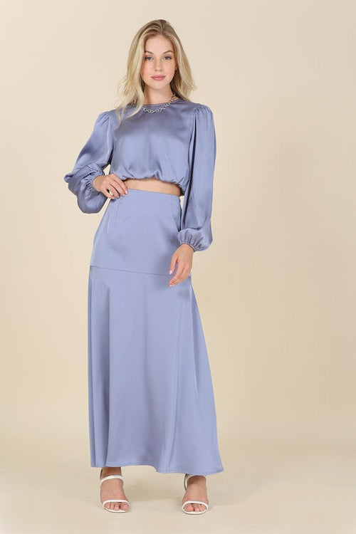 Two-Piece Satin Blouse and Skirt Set