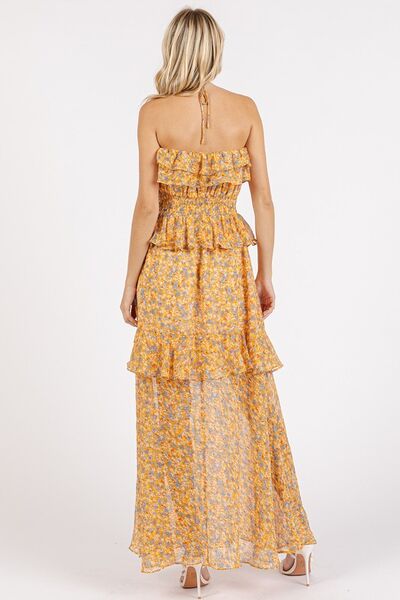 Ruffled Floral Halter Neck Maxi Dress