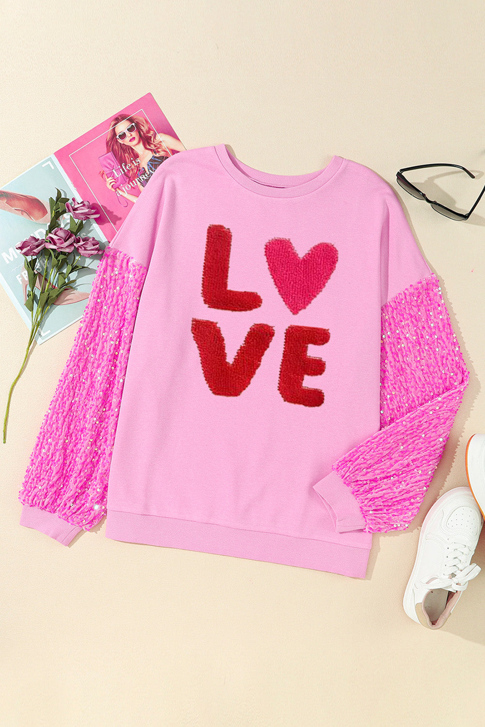 Women's Chenille Sequin Sleeve Sweatshirt