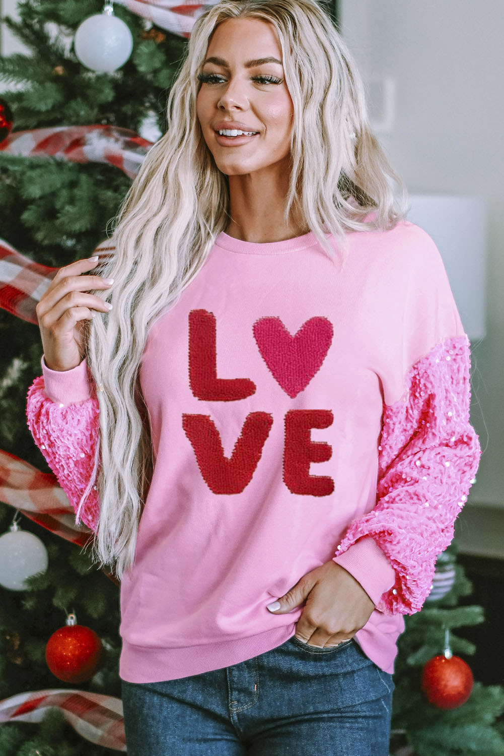 Women's Chenille Sequin Sleeve Sweatshirt