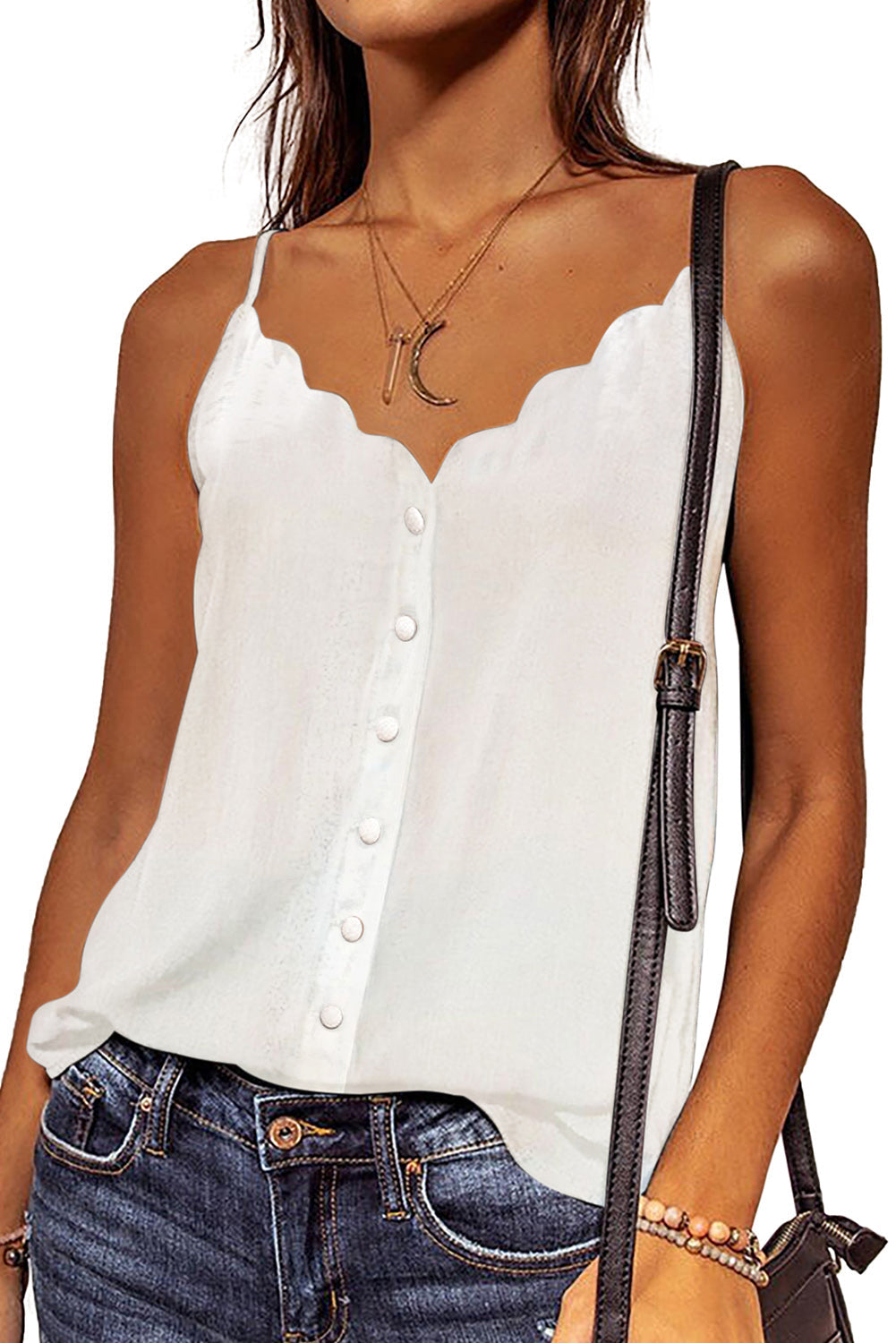 White Spaghetti Straps Buttoned V-Neck Blouse