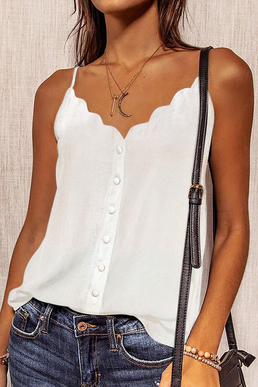 White Spaghetti Straps Buttoned V-Neck Blouse