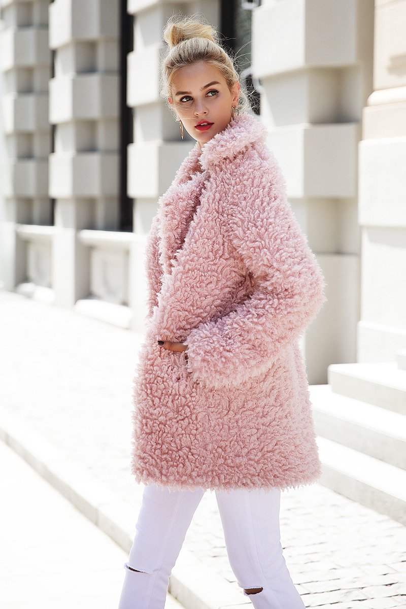 Mauve Pink Faux Fur Long Coat